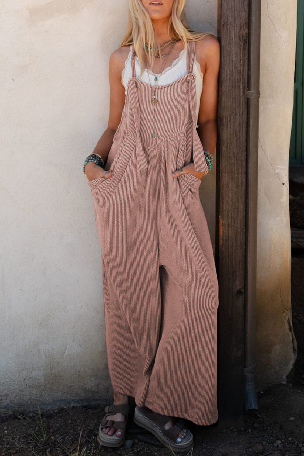 Philippine Gray Corded Adjustable Straps Wide Leg Loose Overall