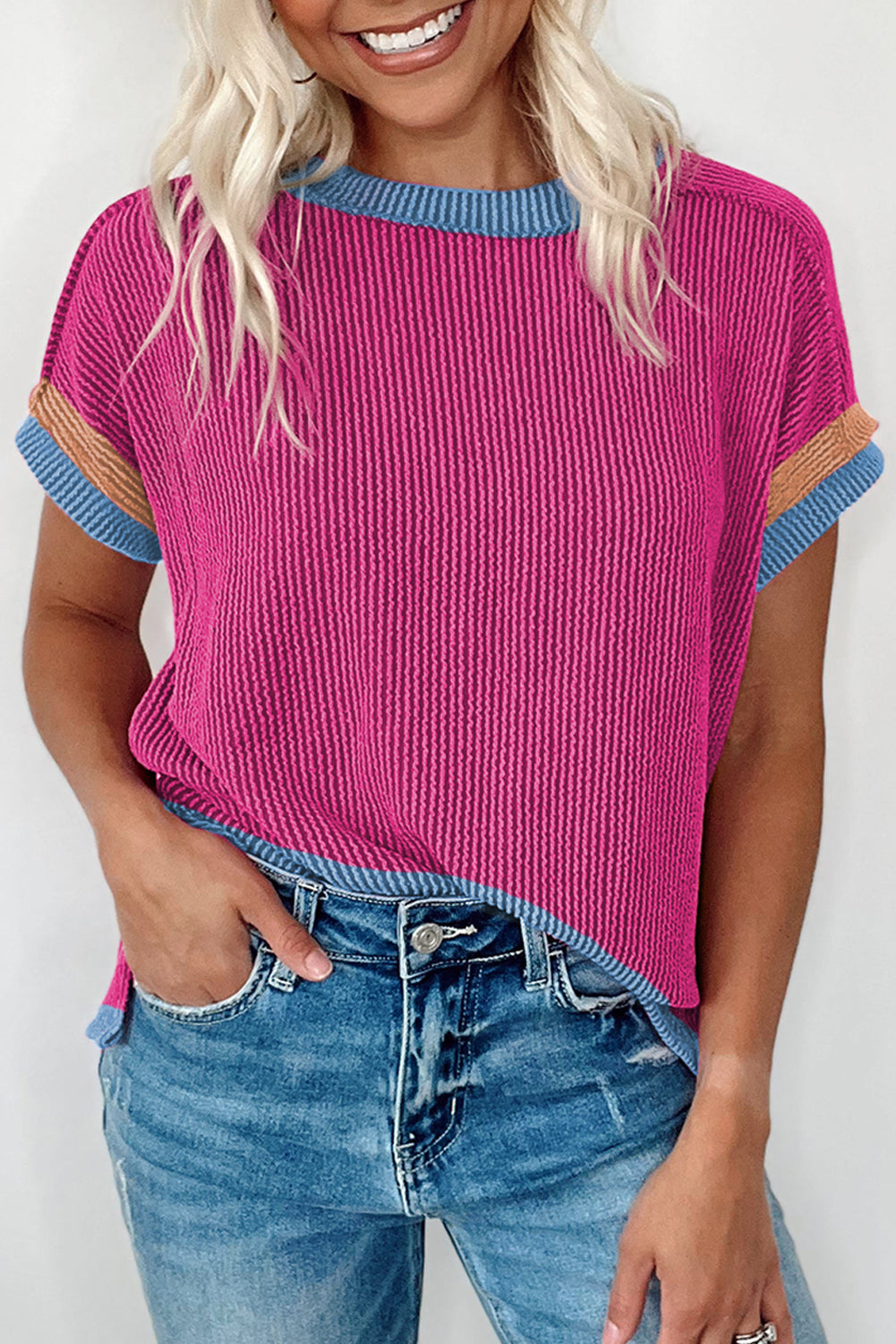 Light Pink Textured Contrast Trim Round Neck T Shirt