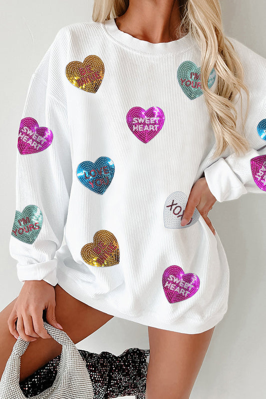 White Valentines Slogan Heart Sequin Corded Baggy Sweatshirt