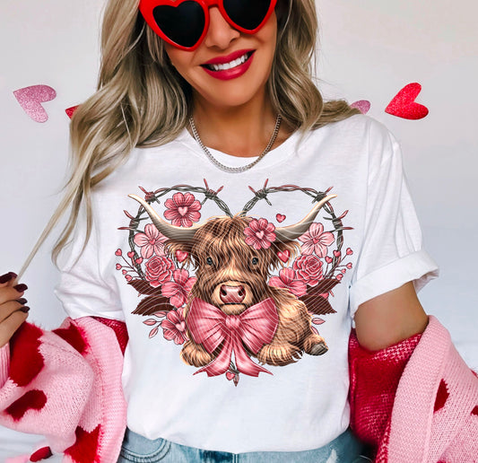 Highland Cow Wire Heart Valentine Graphic Tee